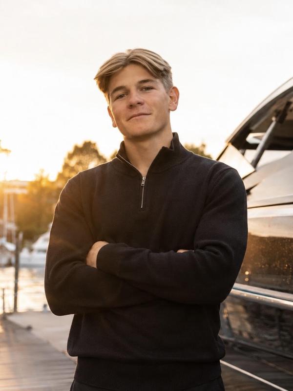 Daniel, owner of Refresh'd Boat Detailing, on a dock by the water at sunset